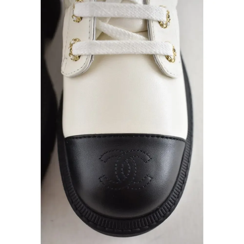 Chanel 24B White Quilt Gold CC Chain Combat Black Platform Ankle Short Boots 37c - Picture 12 of 16